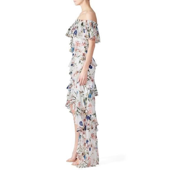 BADGLEY MISCHKA White Floral Printed Off-Shoulder Ruffles High-Low Maxi Dress 16 - Picture 16 of 16